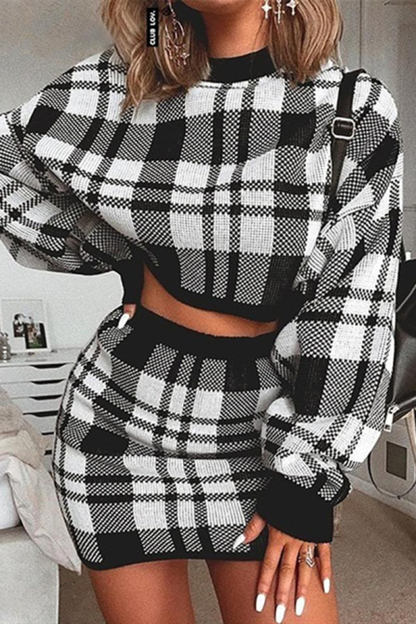 Black Fashion Casual Plaid Print Basic O Neck Long Sleeve Two Pieces