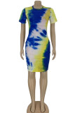 Yellow Sexy Short Sleeves O neck Step Skirt Knee-Length Print Ombre Colouring Tie and dye Dresses