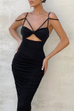 Black Sexy Solid Hollowed Out Fold Spaghetti Strap Pencil Skirt Dresses
