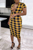Black Yellow Fashion Casual Patchwork Print Basic V Neck Short Sleeve Dress