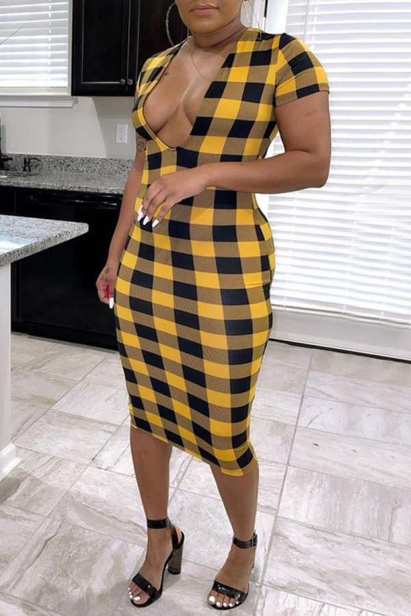 Black Yellow Fashion Casual Patchwork Print Basic V Neck Short Sleeve Dress