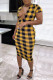 Black Yellow Fashion Casual Patchwork Print Basic V Neck Short Sleeve Dress