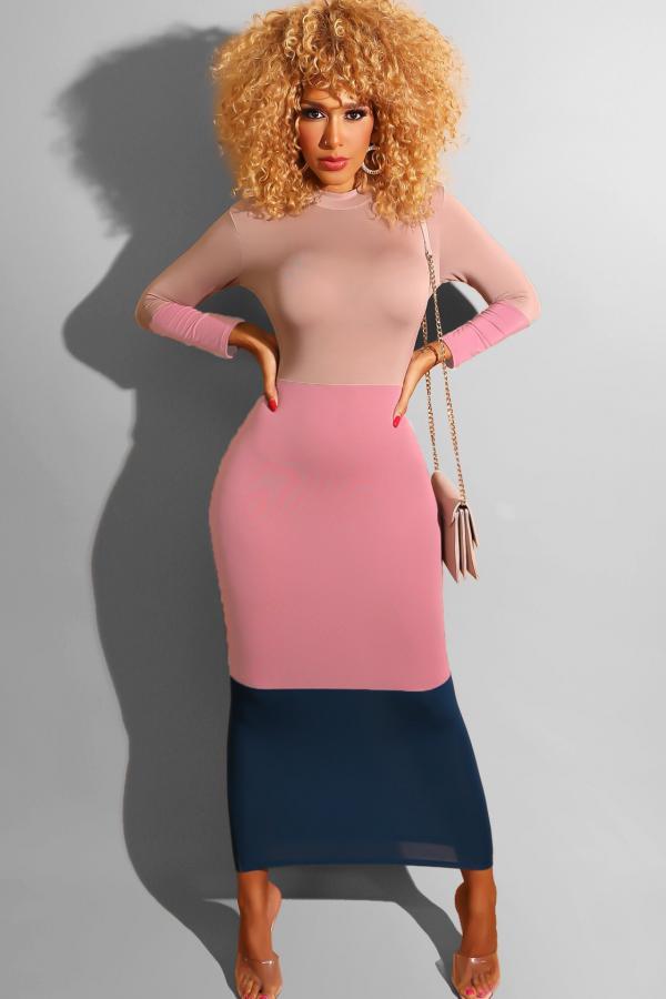 Pink Polyester Milk. adult Sexy Fashion Cap Sleeve Long Sleeves O neck Step Skirt Ankle-Length Patchwork