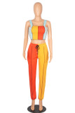 Orange Yellow Casual Sportswear Solid Patchwork Spaghetti Strap Sleeveless Two Pieces