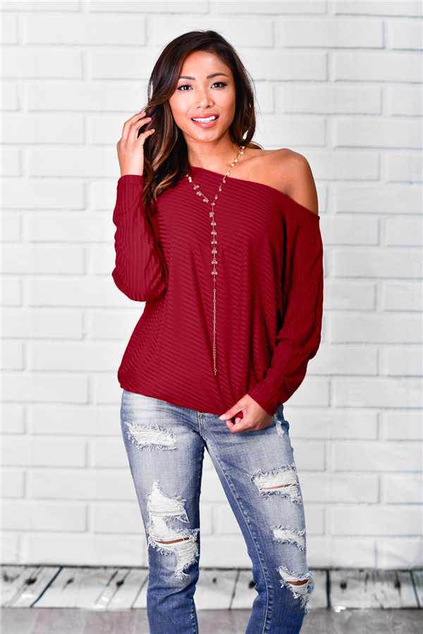 Wine Red One Shoulder Collar Long Sleeve Striped Tees & T-shirts