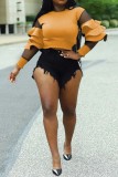 Yellow Fashion Casual Solid Patchwork Flounce O Neck Tops