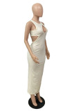 White Sexy Solid Hollowed Out Backless O Neck Sleeveless Dress