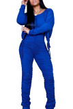 Blue Sexy Polyester Solid Split Joint Fold O Neck Long Sleeve Regular Sleeve Short Two Pieces
