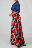 Red Fashion Casual Print Patchwork Turndown Collar Long Sleeve Dresses