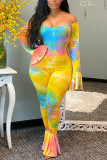 multicolor Fashion Casual Polyester Twilled Satin Print Tie-dye Bateau Neck Jumpsuits