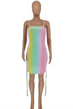 Pink Fashion Sexy Print Draw String Backless Spaghetti Strap Sleeveless Dress