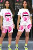 Light Pink Polyester Fashion Active Casual Patchwork Print Tie Dye Straight Short Sleeve Two Pieces
