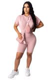 Pink Polyester Fashion Casual adult Patchwork Solid asymmetrical Two Piece Suits Straight Short Sleeve Two Pieces