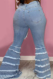 Baby Blue Fashion Sexy Solid Ripped Buttons Pants High Waist Boot Cut Denim