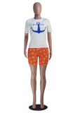 Blue Fashion Casual Print Basic O Neck Short Sleeve Two Pieces
