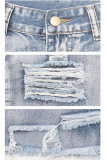 Blue Denim Zipper Fly Button Fly High washing Hole Zippered Pocket Straight Capris Shorts