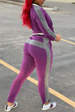 Purple Casual Print Zipper Collar Long Sleeve Two Pieces