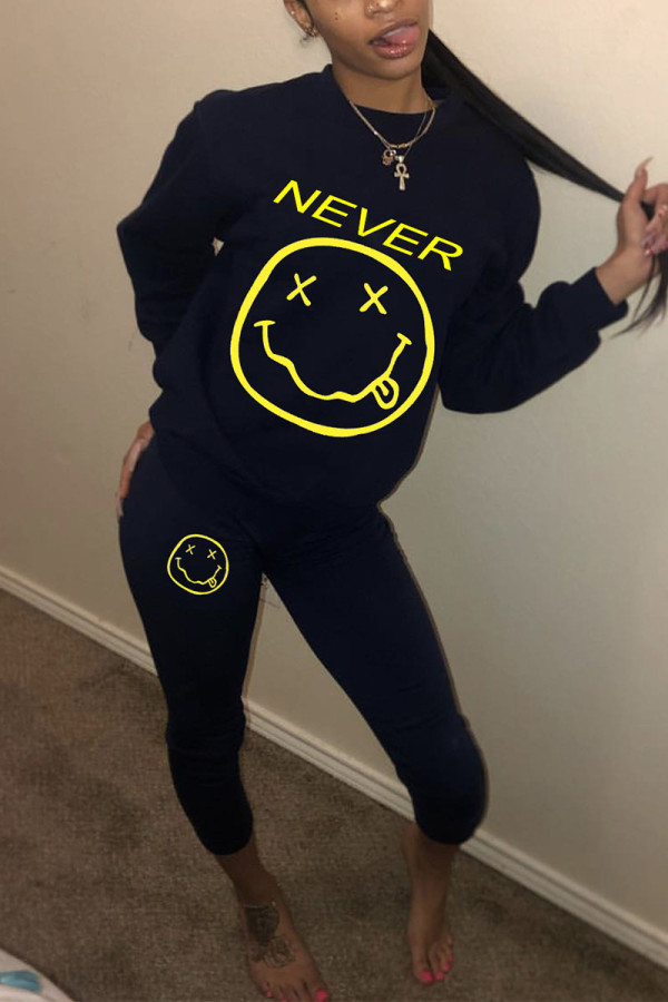 Black Sportswear Print O Neck Long Sleeve Two Pieces