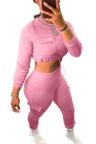 Pink Fashion Casual Adult Polyester Solid Split Joint Pocket O Neck Long Sleeve Regular Sleeve Short Two Pieces
