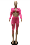 Rose Red Fashion Sexy Solid Hollowed Out Strap Design O Neck Skinny Rompers