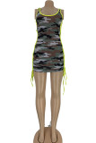 Camouflage Polyester Fashion Sexy Camouflage Tank Sleeveless Slip Asymmetrical skirt Print hollow out asymmetrical Dresses