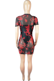 Red Sexy Print Mesh O Neck Short Sleeve Two Pieces