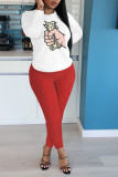 Red Polyester Casual Print pencil Long Sleeve Two Pieces
