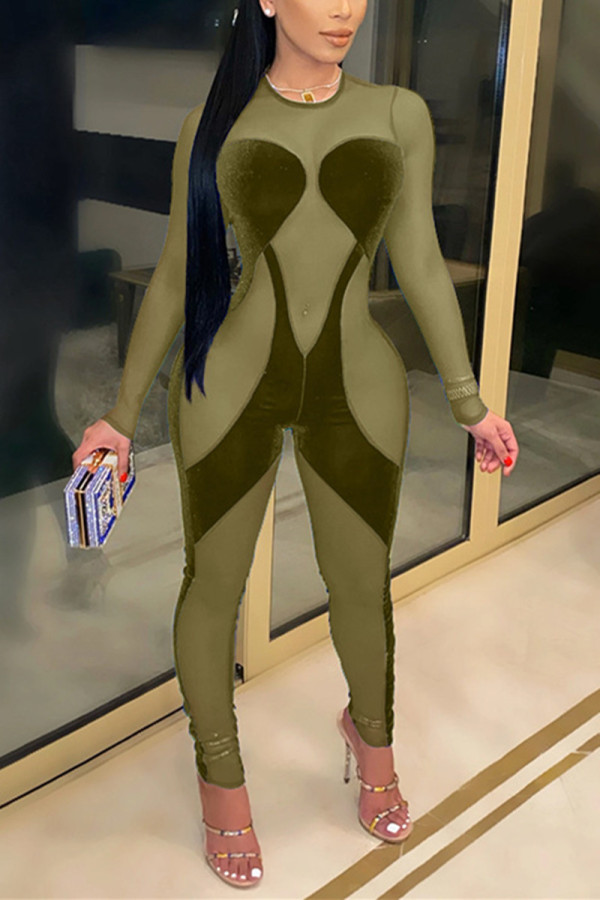 Army Green Fashion Sexy Patchwork Solid See-through O Neck Skinny Jumpsuits
