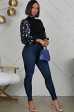 Navy Blue O Neck Long Sleeve Patchwork asymmetrical Solid Long Sleeve Tops