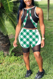 Green Active Plaid Patchwork pencil Sleeveless Two Pieces