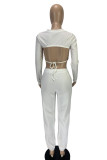 White Work Daily Solid Patchwork O Neck Long Sleeve Two Pieces