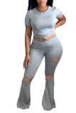 Grey Sexy O Neck Solid Hole ruffle Plus Size