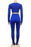 Blue Sexy Polyester Solid Split Joint V Neck Long Sleeve Regular Sleeve Short Two Pieces