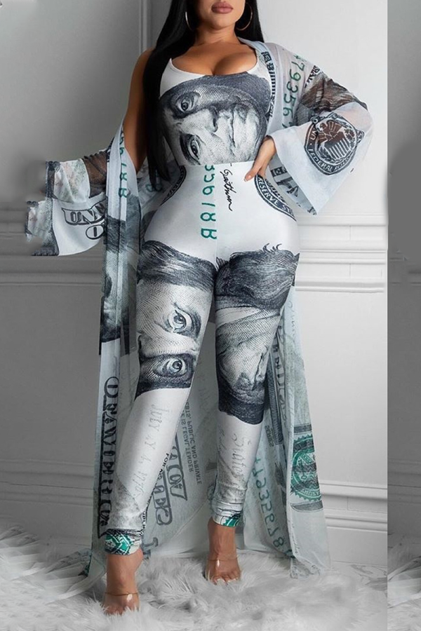 Grey Casual Print Patchwork O Neck Long Sleeve Three Pieces