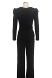 Black Sexy Solid Patch With Belt V Neck Regular Jumpsuits