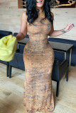 Khaki Fashion Sexy Print Basic O Neck Sleeveless Dress