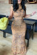 Khaki Fashion Sexy Print Basic O Neck Sleeveless Dress