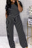Blue Fashion Casual Print Striped Patchwork bandage Polyester Short Sleeve O Neck Jumpsuits