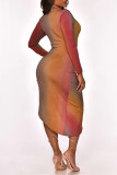Multicolor Fashion Sexy Print Slit O Neck Long Sleeve Dresses