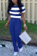 Blue Polyester Fashion Casual adult Ma'am Striped Two Piece Suits Straight Short Sleeve Two Pieces