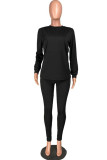 Black Fashion Casual Adult Solid O Neck Long Sleeve Cap Sleeve Regular Two Pieces
