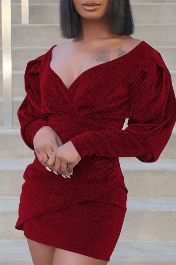 Wine Red Sexy Casual Solid Patchwork V Neck Pencil Skirt Dresses