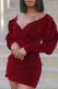 Wine Red Sexy Casual Solid Patchwork V Neck Pencil Skirt Dresses
