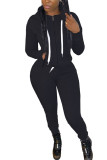 Black Fashion Casual Adult Polyester Solid Pocket Hooded Collar Long Sleeve Regular Sleeve Regular Two Pieces