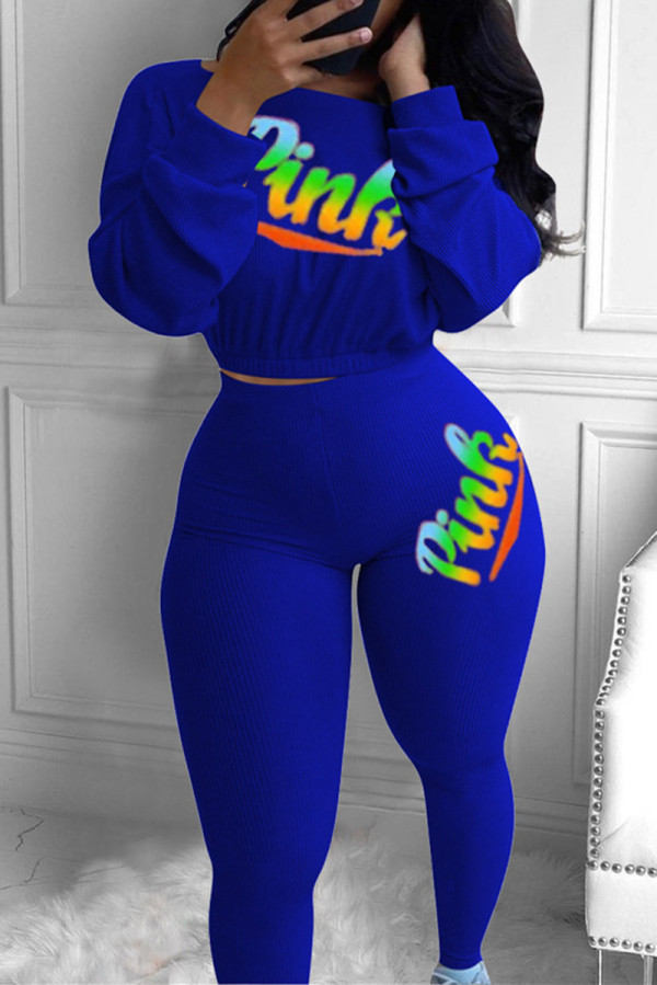 Blue Fashion Casual Letter Print Basic O Neck Long Sleeve Two Pieces