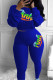 Blue Fashion Casual Letter Print Basic O Neck Long Sleeve Two Pieces