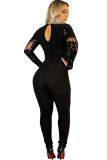 Black Sexy Solid Backless perspective Long Sleeve V Neck