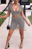 Grey Fashion Casual Solid Basic V Neck Short Sleeve Two Pieces