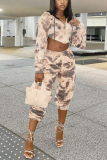 Brown Sportswear Print Tie-dye Hooded Collar Long Sleeve Two Pieces