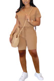 Apricot venetian Casual Two Piece Suits Solid pencil Short Sleeve Two-Piece Short Set